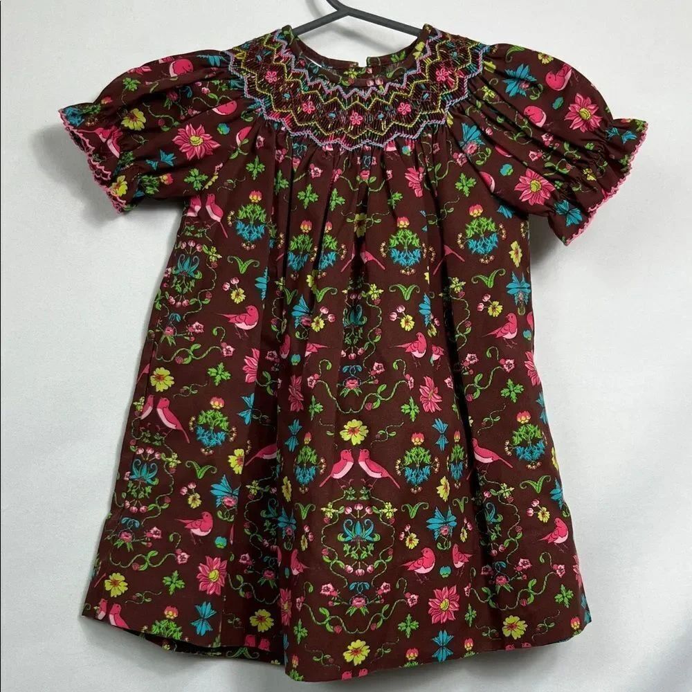 Edgehill Collection brown & pink floral bird print smocked embroidered dress 12m